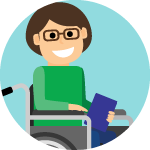 Image of a wheelchair user with medium-length brown hair and glasses